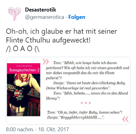 Tweet auf Desasterotik (@germanerotica) aus dem Roman Bumsgeschichten (German Edition) von Romanova, Dunja.  Gepostet October 18, 2017
